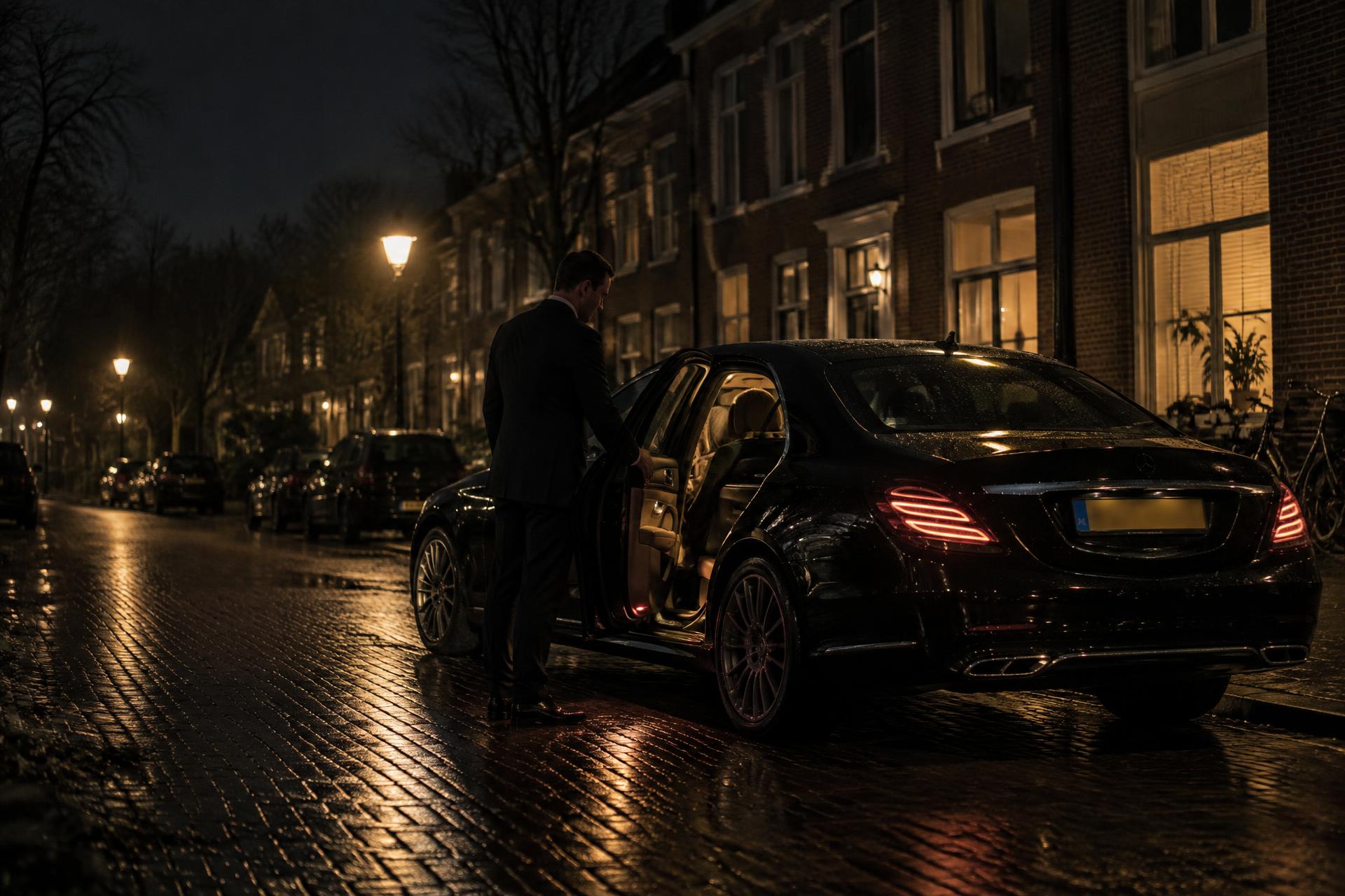 Chauffeur holding open the rear door of a black saloon on a brick‑paved Dutch street at night